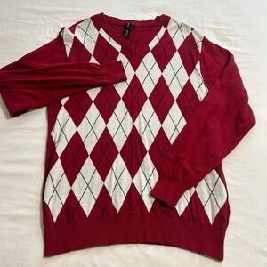 True Rock Mens XL V-Neck Argyle Sweater Red White Blue 100% Cotton Knit